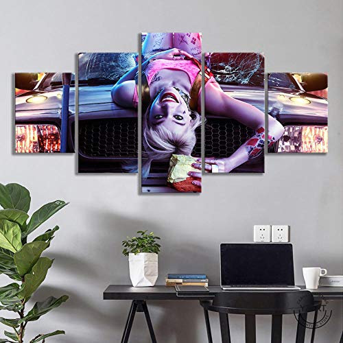 VENDISART,Leinwanddrucke,Modulare Wandkunst Wandaufkleber,5 Teiliges Wandbild,Greifvögel Film Harley Quinn,Mit Rahmen,Größe:M/B=150Cm,H=80Cm