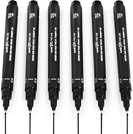 Uni Pin Fineliner Zeichenstift, schwarze Tinte, 0,9 mm Spitze, 6 Stück