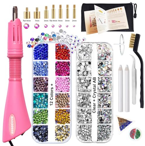 esseelove Hotfix Applicator, DIY Hot Fix Rhinestone Setter, Hot Fixed Wand Kit, 4536 Pcs, AB, Clear, 12 Colors, Gem Picker, Brush, Trays, Bag, Bedazzler Kit with Rhinestones