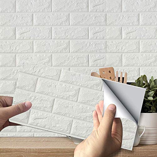 Papier Peint 3D Brique Adhesif pour Décoration Rétro, PE Mousse Papier Peint en 3D Auto-Adhésif Bricolage en Relief Brique pour Bureau Chambre Séjour Décoration D'Intérieur (blanc)