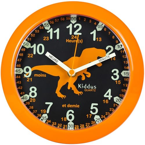 Kiddus Wanduhr für Kinder. Analoger Zeitlehrer mit Zeitlernübungen. Stilles Uhr. Viele Sprachen. FRANÇAIS Dino