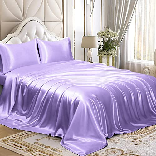 Homiest 4-teiliges Satin-Bettwäsche-Set, luxuriöses, seidiges Satin-Bettwäsche-Set mit tiefer Tasche, 1 Spannbetttuch + 1 Bettlaken + 2 Kissenbezüge (King-Size, Lavendel)