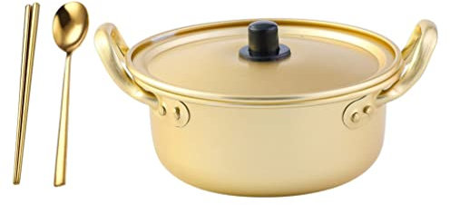DOITOOL Korean Ramen Pot Ramen- Kocher Aluminium Koreanischer Topf Ramyun Pot mit Deckellöffel Und Essstäbchenkochgeschirr zum Kochen von Suppe Pasta Eintopf Golden 18 cm