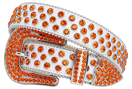 TINIDI Western Bling Bling Strass Gürtel Für Männer Frauen Mode Kristall Nieten Leder Diamant Gürtel Für Jeans, weiß/orange, Fit Waist 30-32 inches