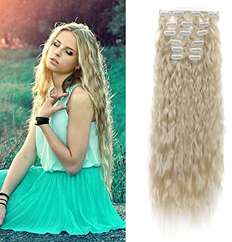 Cybelleza 50cm Clip in Extensions Haarverlängerung Haarteil wie Echthaar 6 Tressen Gewellt Günstig Haarverdichtung Lockig Wavy Curly Haarextension Synthetische Haare für Frauen, Platinblond