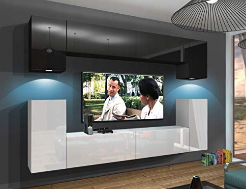 Furnitech Wohnwand Wohnzimmer | Hängend Wohnwand Modern | Wohnzimmer Schrankwand mit Regale und TV Schrank | Wohnzimmer Möbel ohne LED (Rodos AN43-17BW-HG28 1A)