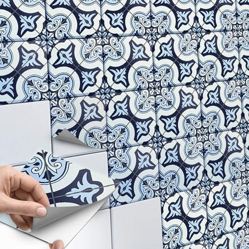 50 Stück Fliesenaufkleber, Klebefliesen 10x10 cm für Küche und Bad - Fliesenfolie, Mosaikfliesen selbstklebend - SET // Design: Azulejo Cross