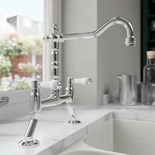 Park Lane® Kitchen Sink Bridge Mixer Tap Twin Dual White Ceramic Lever Handles for Sinks Taps Faucet Swivel Spout 2 Tap Hole Traditional, Chrome
