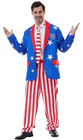 ReneeCho Kostüm mit USA-Flagge für Herren, Onkel Sam-Kostüm, patriotische Party, 4. Juli, amerikanischer Unabhängigkeitstag, Jacke, Hose, Blau, XL