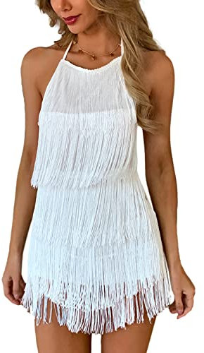 EVELUST 70er Jahre Hippie Kleid mit Fransen - Damen Club Boho Pailletten Jumpsuit Festival Party Outfit Kostüm Neckholder Playsuit(White, XL, 1074w)