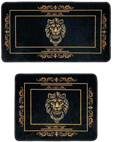 Belle Arti Badezimmerteppich Badematte Duschmatte Badvorleger Duschvorleger Set 2 teilig Löwe Motiv in schwarz Gold - rutschfest waschbar Fussbodenheizung geeignet flauschig - 2er Set, Design1: Löwe