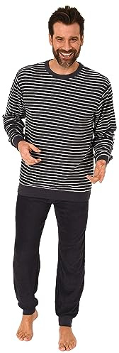 Normann Eleganter Herren Frottee Pyjama Langarm Schlafanzug mit Bündchen in Streifenoptik