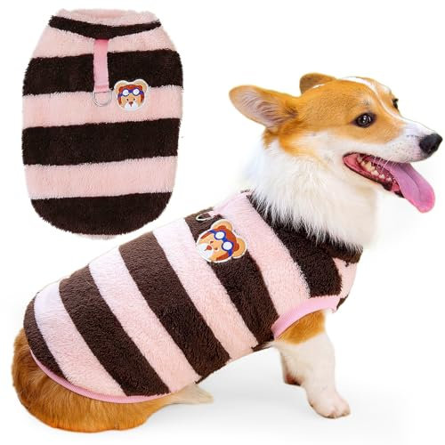 Zunea Gestreifter Hundepullover für kleine und mittelgroße Hunde, Corgi, warme Fleece-Winterjacke, Mäntel mit D-Ring, flauschiger Pullover, Welpenkleidung, weich, warm, kaltes Wetter, Weste, Haustier,