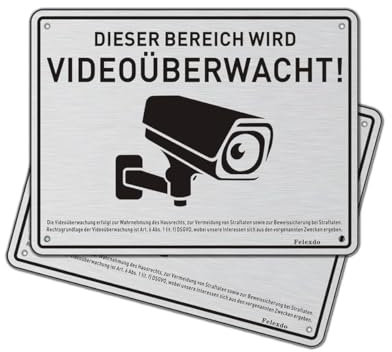 Felexdo Videoüberwachung Schild, Schild Privatgrundstück Selbstklebend 20x15cm Gebürstetes Aluminium Sicherheitsbereich Grundstück Videoüberwacht Metallschild mit DSGVO für den Innen und Außenbereich