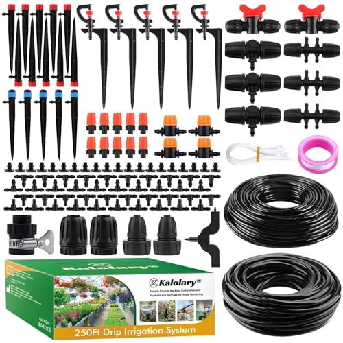 250 Piedi Kit Irrigazione a Goccia Automatico, Kalolary Sistemam Irrigazione Giardino con Tubo Distribuzione 1/4+1/2 Sistema Microirrigazione Regolabile Attrezzatura Piante Serra Patio Prato Cortile