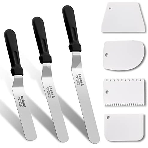 Anaeat Icing Spatula, 3 Pieces Professional Angled Offset Frosting Spatulas with 6, 8, 10 Stainless Steel Blades & 4 Pack Cake Smoother Scraper for Cake Decorating, Baking & Pastry (Set of 7)