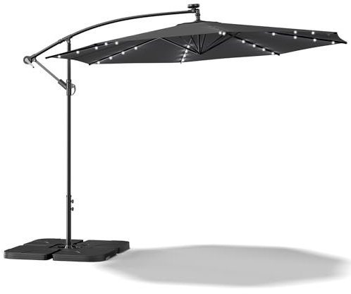 XEMQENER Garden Parasol with Solar Powered Lights, 3M Cantilever Parasol with 4 x 15L Base and Cross Base, Large Outdoor Banana Parasol for Party, Camping, Patio, UPF 50+, 300x300x260 cm, Dark Grey