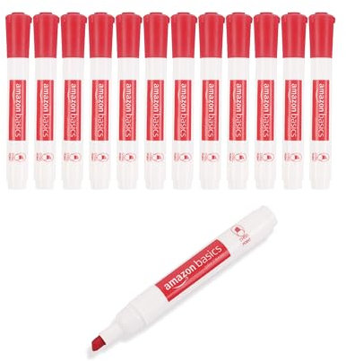 Amazon Basics Low-Odor Chisel Tip Dry Erase White Board Markers, 12-Pack, Red