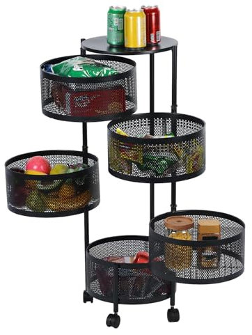 zomebar Küche Aufbewahrungswagen, 5 Tier kreisförmig rotierenden Korb, große Lagerung Rack mit 360 Grad Räder, Obst Gemüse Metall-Draht-Regal mit Top-Deckel für Wohnzimmer, Büro (Rund)