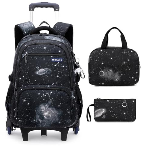 Amythe Schulrucksack Trolley für Jungen Teenager Rucksack mit Rollen 3-teilig mit Lunchtasche Federmäppchen, Wasserdichter Lässige Daypack 30L, Große Schultasche für Schule & Reisen, Schwarz
