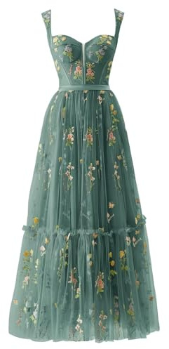 Generisch Damen Blumenstickerei Tüll Ballkleider Korsett Langer Spaghettiträger Fee Gerüscht Formelles Abendkleid Partykleid