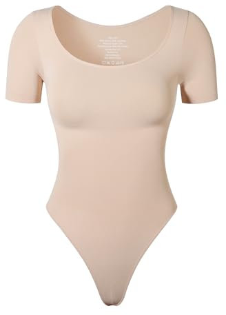 KSKshape Body à manches courtes pour femme, contrôle du ventre, encolure dégagée, body galbant, t-shirt, beige, M-L