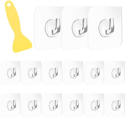 KINDOYO 15 Stück Transparent Klebehaken - Multifunktionale Haken mit Schaber Praktisch Selbstklebend Haken Set Selbstklebend Ohne Bohren Wasserdicht Wandhaken