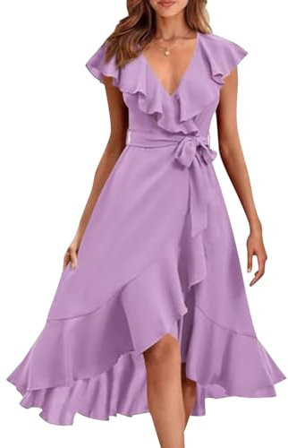 shownicer Vestiti Donna Elegante Vestiti con Spacco Estivi Vestito al Ginocchio Scollo a V Manica Corta Abito Casual Vestiti da Sera Cerimonia Cocktail A Viola XS