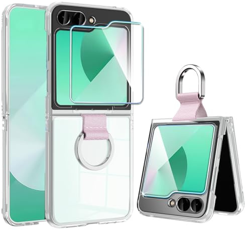 QiiStar Hülle für Samsung Galaxy Z Flip 6 Mit Ring, Galaxy Z Flip6 Handyhülle mit 1 Stück Gehärtete Glas Front Schutzfolie Hart PC Shell Schutzhülle für Samsung Flip 6 5G, Clear