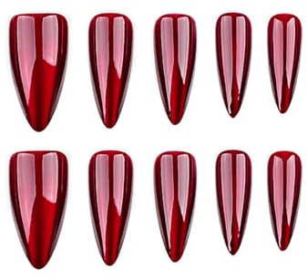 Halloween Press on Nails Red Long Stiletto Fake Nails Solid Color False Nails with Designs Red Cat's Eye Nail Press ons Mirror Artificial Nails Holiday Stick on Nails for Women