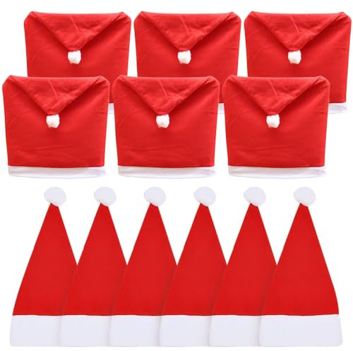Christmas Chair Back Covers, Santa Hat Chair Covers, Mini Santa Hats, Silverware Cutlery Holder, Wine Bottle Cap Decoration, for Dining Room, Kitchen, Party Decoration, Festive Accessories(Set of 12)