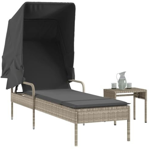 Tidyard Gartenliege Campingliege Sonnenliege Saunaliege Gartenmöbel Strandliege Liege Relaxliege Liegestuhl für Garten Terrasse Schwimmbad mit Dach und Tisch Hellgrau Poly Rattan