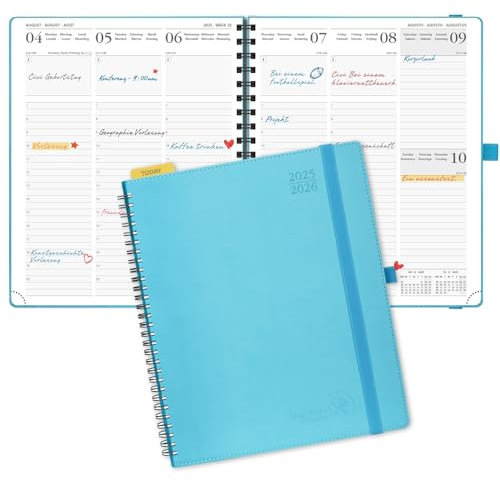 POPRUN Kalender 2025 2026 Wochenplaner (Aug.2025-Dez.2026) Ringbuch mit Softcover, ca. A4 (26,5 x 21,5 cm), 17-Monate-Terminplaner 1 Woche 2 Seite mit Zertifiziertem Papier - Blaugrün