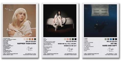 Billie Eilish Music Album Wall Art Canvas Posters - 3pcs, 12x18inch (30x45cm), Aesthetic Decor for Room