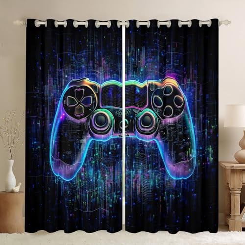 Blue Black Game Controller Curtains for Windows,Electronic Game Line Printing Curtains for Living Room,Modern Gamer Gaming Blackout Drapes 2 Panel Sets,66x72L