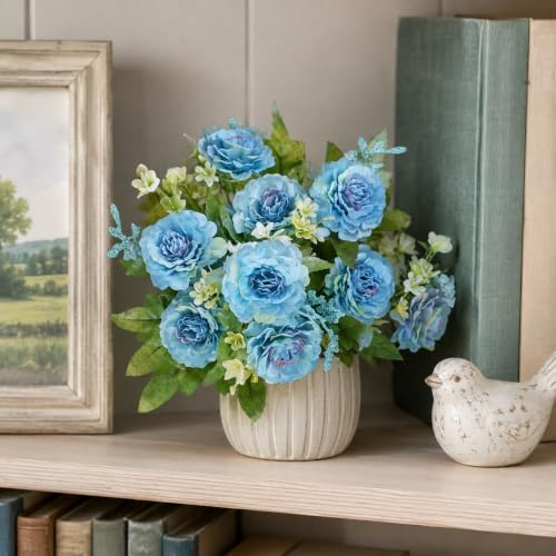 astylishome Artificial Flowers for Graves Blue Faux Flowers Artificial Blue Rose Flowers Fake Plant Floral Arrangement for Table Baby Shower Home Kitchen Office Coffee Shop Decorations 0819