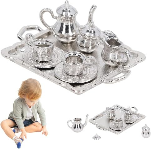 Mini Juego de té, Metal 1/12 Juego de té en Miniatura, patrón Vintage pequeño Juego de té, Kit de Bandeja Decorativa Mini Tazas para muñecas Mini Adorno de casa, Mini Tazas de té