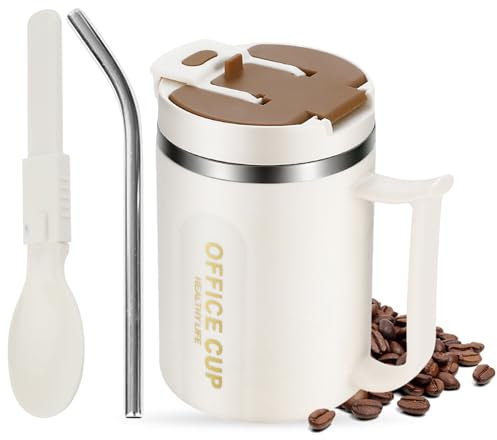 Kytpyi Tasse a Cafe, 500ml Anti-brûlure Mug Isotherme avec Paille Couvercle 1 Cuillère Pliable pour Maison Lécole Bureau (Marron)