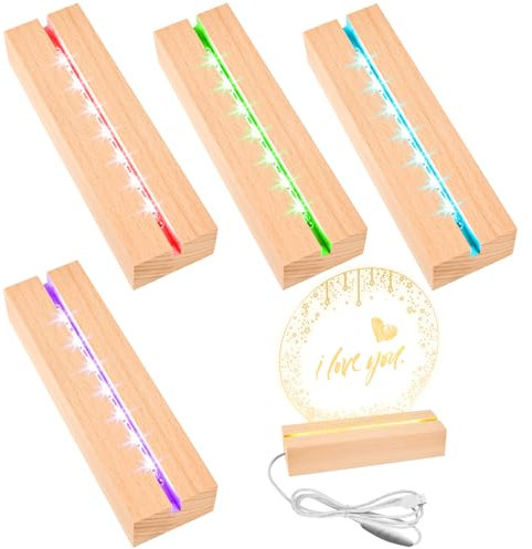 BAIFULAI 4 Stück LED Sockel, 15 cm Holzsockel 7 Farben, Lichtsockel, Leuchtsockel mit USB-Schalter, Farbe Einstellbar, Lichter Display Basis für Glasblock, Kristalle, Glas, Harz