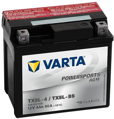 Batteria Moto Varta POWERSPORTS AGM 4Ah - Spunto 80A - TX5L-BS (TX5L-4) - YTX5L-BS - FTX5L-BS - 114mm - 71mm - 106mm