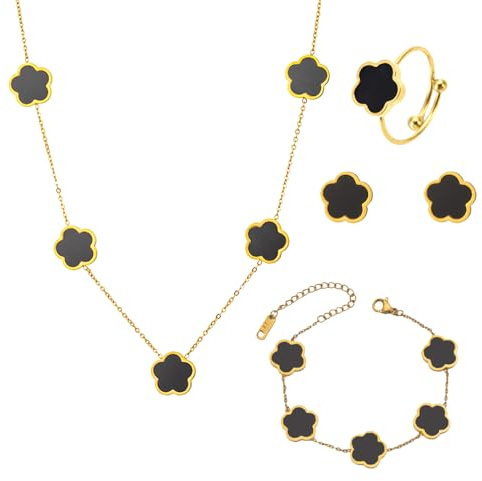 XFSRG Vierblättriges Glücksklee Schmuckset 18k Legierung Blumenschmuck mit Ohrringe Halskette Armband Ring Anhänger Party Schmuck Set für Frauen und Mädchen Muttertags,Valentinstag(Schwarz)