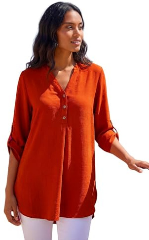Roman Shirt for Women UK Ladies Top Collarless Blouse Stretchy Tunic Smart Casual Autumn Winter Jersey 3/4 Length Sleeve Notch V Neck Flattering Office Work - Size 12 - Rust