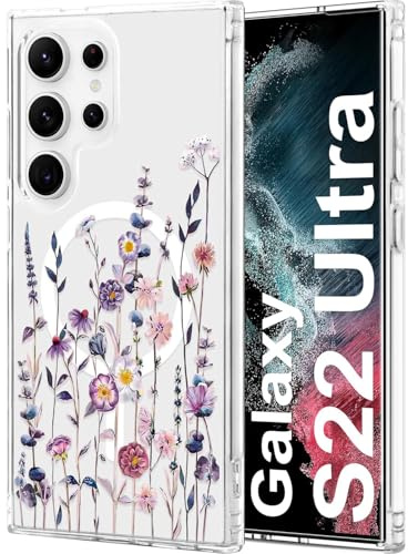 Spdymo Magnetisch Handyhülle für Samsung Galaxy S22 Ultra Hülle, Kompatibel mit MagSafe, Transparent Blumen Schutzhülle für Samsung S22 Ultra Hart PC Rückseite TPU Silikon Rahmen Stoßfest Case, Bunt