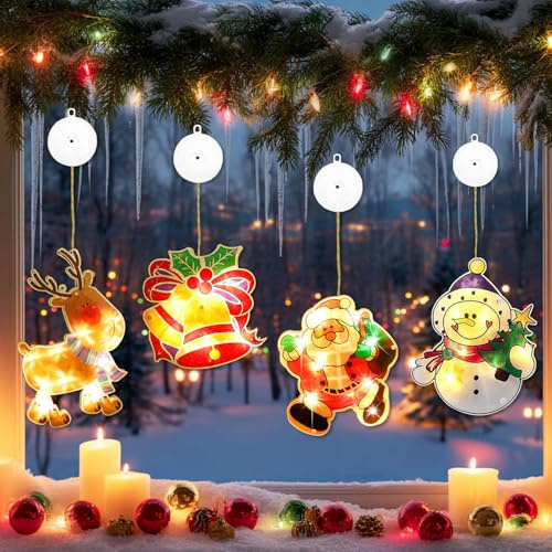 4er Set LED Saugnapf Weihnachten Lichter, Saugnapf Weihnachten Lichter, LED Fensterlicht Saug-napf, Weihnachtsbeleuchtung Fenster Innen, Weihnachtsdeko Fenster Beleuchtet, für Innen Außen Deko