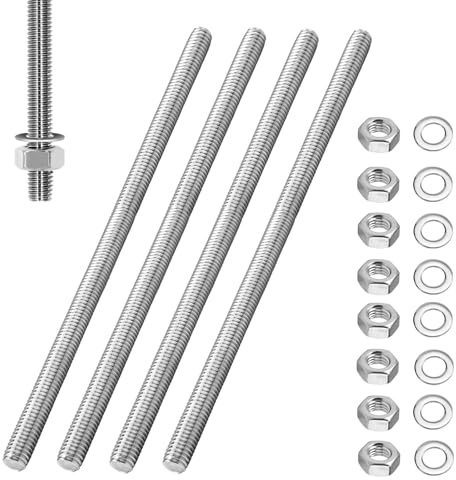 4x Varilla Roscada M10 x 200mm con 8 Tuercas Hexagonales y 8 Arandelas | Varillas Roscadas Completa de Acero Inoxidable, para Ensamblaje de Muebles y Maquinaria