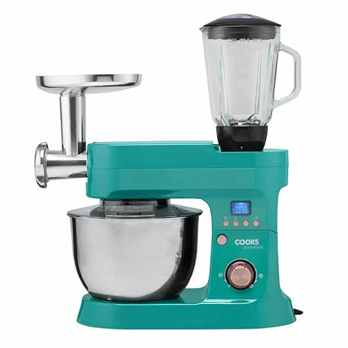 Cooks Professional Stand Mixer & Mincer 1200W | Electric Food Mixer with Pulse Setting | 6.2 Litre Stainless Steel Bowl | Blending Jug, Dough Hook, Whisk, Beater & Splash Guard | Teal/Rose Gold