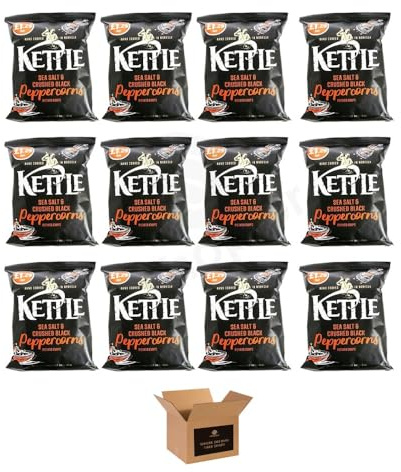Kettle Chips Variety Flavoured Potato Crisps Snacks – Hand Cooked Thick Cut Crispy | Sea Salt, Balsamic Vinegar & more – Crunchy Vegetarian (Sea Salt & Black Pepper - 80g x 12Pack)