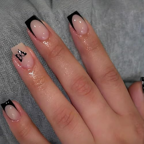 Black False Nails - Stick On Nails French Tip - 24pcs Short Square Nail Press Ons In 12 Sizes - Black French Tips With Elegant Butterfly For Daily Wear Nail Art