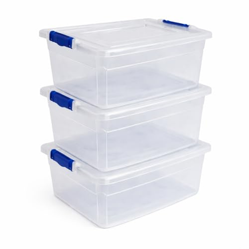 STASH’D STORAGE 32L, 50L, or 80L Storage Boxes with Lids - Stackable Clear Plastic Boxes with Clip-Lock Lid - Durable & Multipurpose Storage Box for Home, Office & Garage (Pack of 3, 32 Litre)