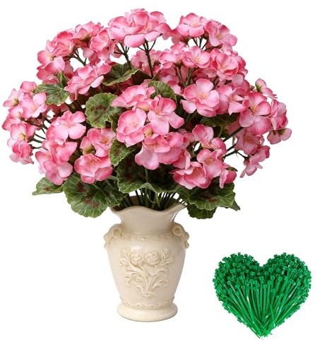JYJLLM Juego de 3 piezas de geranios artificiales con 10 bridas para plantas, flores de balcón para exterior, caja colgante